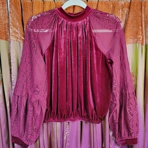 Free People Red Velvet Lace Balloon Sleeves High Neckline Blouson Top | size XS